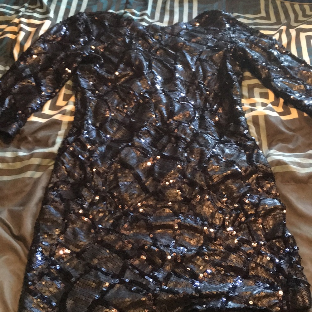 Scoop back navy sequins mini dress